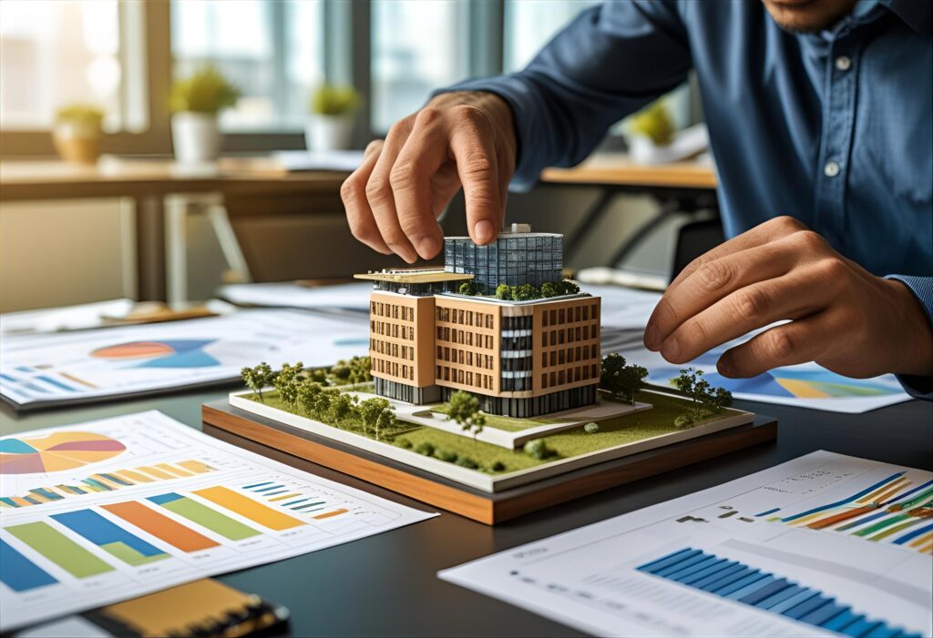 Référent énergie une personne qui manipule un bâtiment miniature avec des graphes